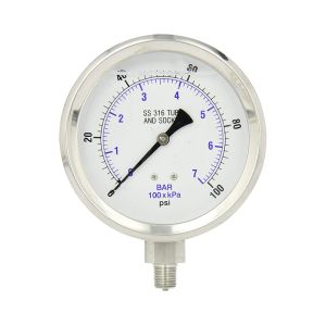 301L-404E PIC Gauge 4"  Liquid Filled Stainless Gauge 0 to 100 PSI 1/4"  Lower Connection