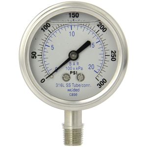 301LFW-254H PIC Gauge 2.5"  Liquid Filled Stainless Gauge 0 to 300 PSI 1/4"  Lower Connection