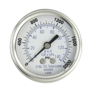 302DFW-254G PIC Pressure Gauge, 2.5"  dial, 1/4"  NPT Centerback mount, All Stainless Steel, dry/fillable, 0/200 PSI & BAR