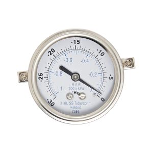 303DFW-254G PIC Pressure Gauge, 2.5"  dial, 1/4"  NPT Centerback mount, U-Clamp Mount, All Stainless Steel, dry/fillable, 0/200 PSI & BAR