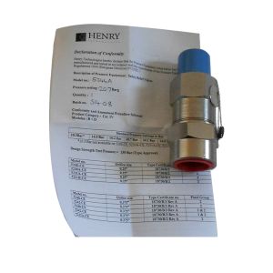 Henry 5344A-series Stainless Steel, Straight-Thru Type Pressure Relief Valve with declaration of conformity.