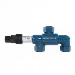 Hansen 3-way Dual shut-off valve with label showing size,  cat #, series and psig. SKU H8022.