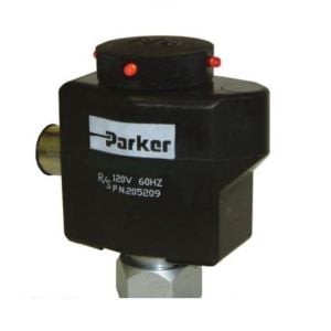 208550 Parker - RS Encapsulated Coil with Red LED Pilot Light.  Shows Parker  RS 205209 encapsulated coil with Red LED knob.